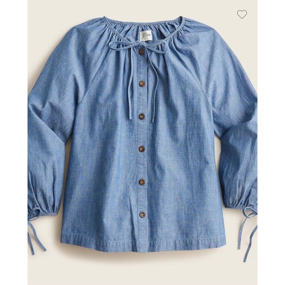Tie-sleeve button-front chambray top Ballon Sleeve Size Small Peasant 💯 Cotton